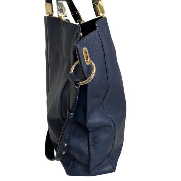Times Arrow Large Navy Blue Leather Tote Bag Gold Hardware /White Accent - Picture 2 of 9